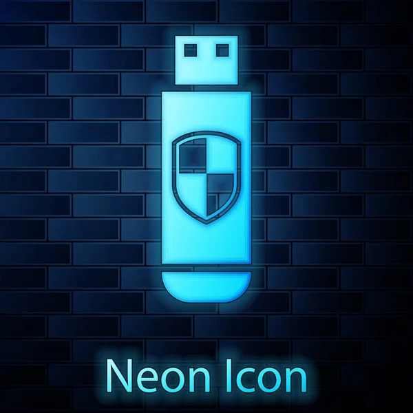 Illuminante flash drive USB al neon e icona dello scudo di protezione isolato su sfondo muro di mattoni. Illustrazione vettoriale — Vettoriale Stock