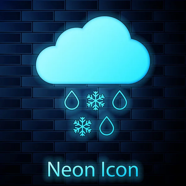 Glowing neon Cloud with snow and rain icon isolated on brick wall background. Weather icon. Vector Illustration