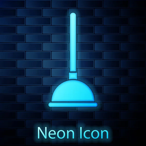 Glowing neon Rubber plunger with wooden handle for pipe cleaning icon isolated on brick wall background. Toilet plunger. Vector Illustration — Stock Vector