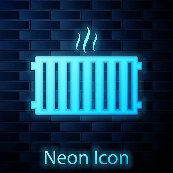 Иконка светящегося неонового нагревателя радиатора изолирована на фоне кирпичной стены. Векторная миграция — стоковый вектор