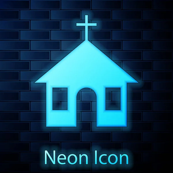 Icono del edificio de la iglesia de neón brillante aislado en el fondo de la pared de ladrillo. Iglesia Cristiana. Religión de la iglesia. Ilustración vectorial — Vector de stock