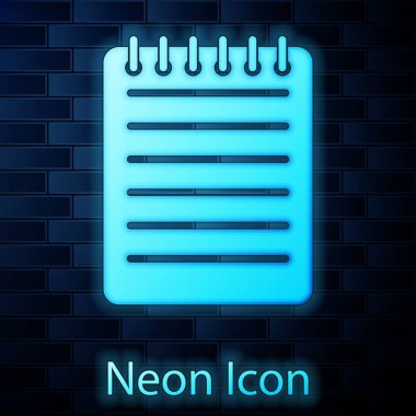 Parlak neon not defteri simgesini tuğla duvar arka plan üzerinde izole. Spiral not defteri simgesi. Öğrenci yarıyıl not defteri. Yazı defteri. Günlük iş için. Defter kapak tasarımı. Ofis Kırtasiye öğeleri. Vektör çizim