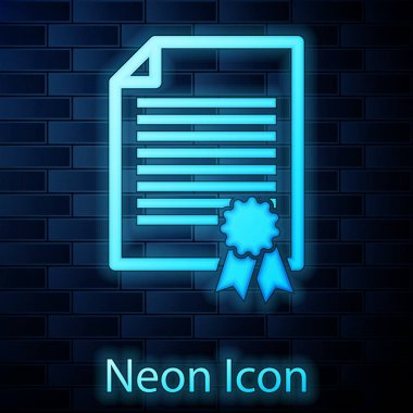 Parlak neon sertifika şablon simgesi tuğla duvar arka plan üzerinde izole. Derecesi simgesi. Başarı, ödül, grant, diploma kavramları. İş başarı sertifikası. Vektör çizim