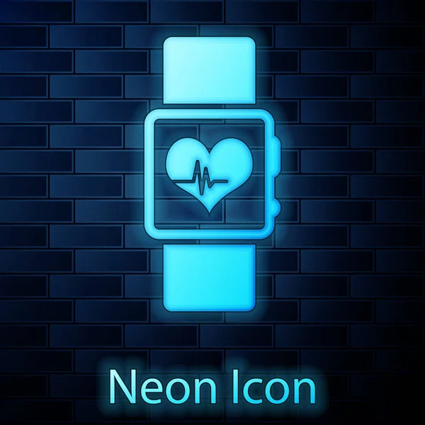Gloeiende neon Smart horloge toont hartslag pictogram geïsoleerd op baksteen muur achtergrond. Fitness App concept. Vector Illustratie — Stockvector