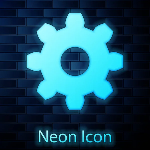 Leuchtende Neon-Getriebe-Symbol isoliert auf Backsteinwand Hintergrund. Zahnradeinstellzeichen. Zahnrad-Symbol. Vektorillustration — Stockvektor