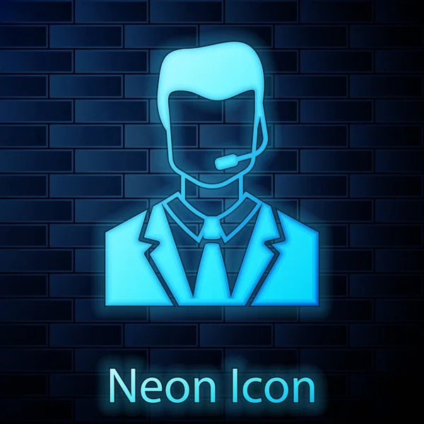 Glödande neon mannen med headsetet ikonen isolerade på tegel vägg bakgrund. Support operatör i touch. Koncept för kundtjänst, support kundservice. Vektorillustration — Stock vektor