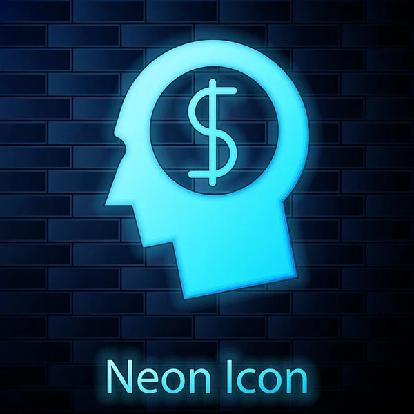 Leuchtende Neon-Geschäftsmann Planung Geist-Ikone isoliert auf Backsteinwand Hintergrund. menschlicher Kopf mit Dollarsymbol. Idee, Geld zu verdienen. Wachstumskonzept für Unternehmensinvestitionen. Vektorillustration — Stockvektor