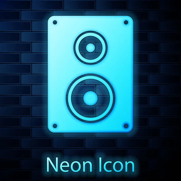 Glowing neon Stereo speaker icon isolated on brick wall background. Sound system speakers. Music icon. Musical column speaker bass equipment. Vector Illustration