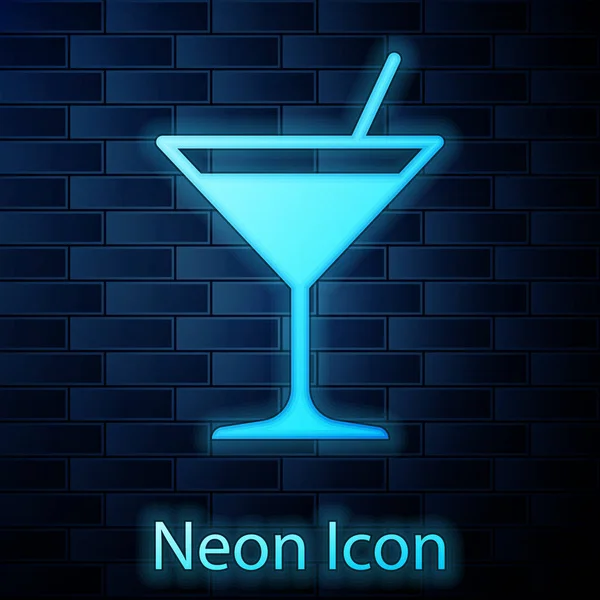 Leuchtende Ikone aus neonfarbenem Martini-Glas isoliert auf Backsteinwand-Hintergrund. Cocktail-Symbol. Weinglas-Ikone. Vektorillustration — Stockvektor