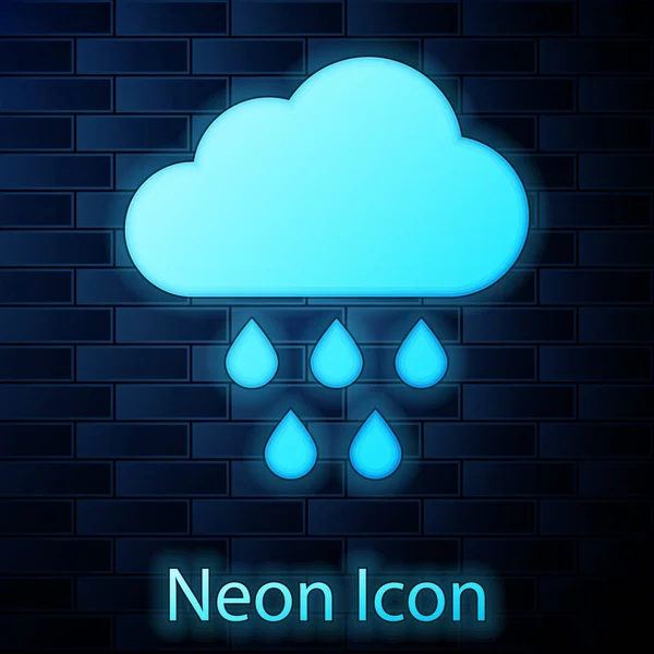 Glödande neon moln med regn ikon isolerade på tegel vägg bakgrund. Regn moln nederbörd med regndroppar. Vektorillustration — Stock vektor