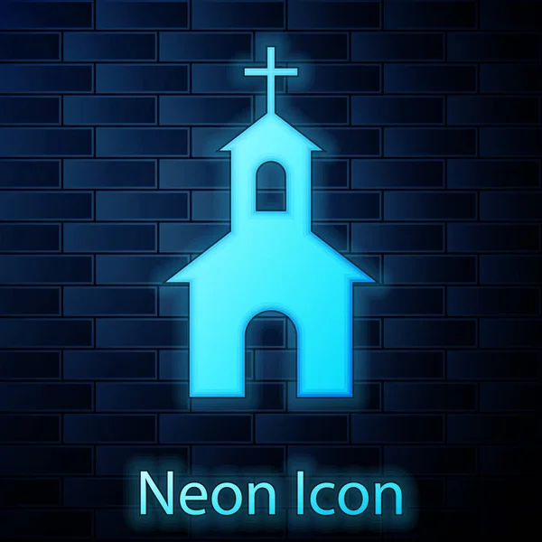 Glödande neon kyrka byggnad ikon isolerad på tegel vägg bakgrund. Kristna kyrkan. Kyrkans religion. Vektor Illustration — Stock vektor