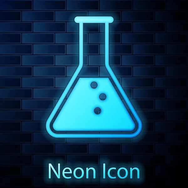 Glowing neon Test tube and flask - chemical laboratory test icon isolated on brick wall background. Vector Illustration — Stock Vector