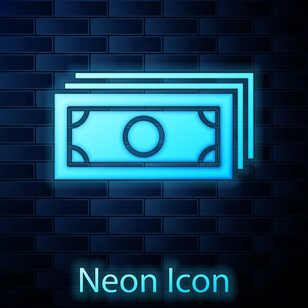 Leuchtende Neon Stacks Papiergeld Bargeld Ikone isoliert auf Backsteinwand Hintergrund. Geldscheine stapeln sich. Bill Währung. Vektorillustration — Stockvektor