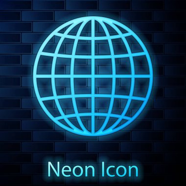 Parlak neon dünya küre simgesi tuğla duvar arka plan üzerinde izole. Vektör çizim