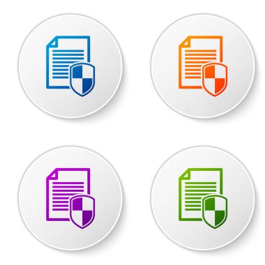 Belge koruma kavramı simgesi beyaz arka plan üzerinde. Gizli bilgileri ve gizlilik fikir, kağıt doktor rulo ve güvenlik görevlisi ile güvenli veri kalkan. Renk simgesi daire düğmeleri ayarlayın. Vektör çizim