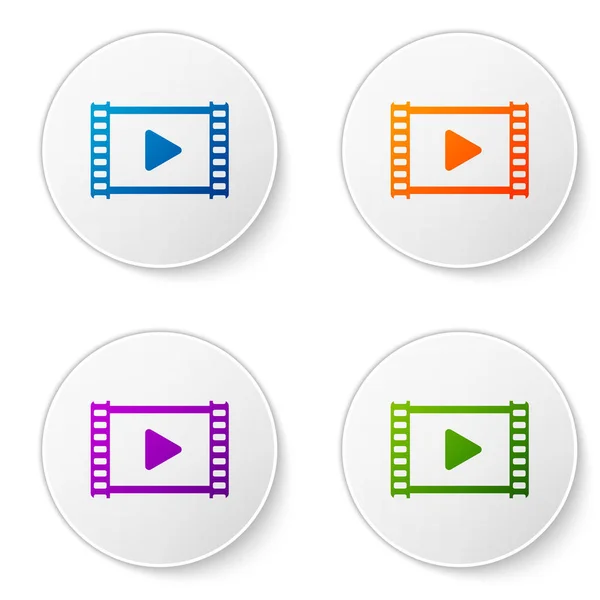 Color Play Icono de vídeo aislado sobre fondo blanco. Película de tira con señal de juego. Establecer el icono de color en botones de círculo. Ilustración vectorial — Vector de stock