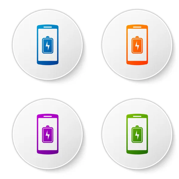 Χρώμα Smartphone εικονίδιο φόρτισης μπαταρίας που απομονώνονται σε λευκό φόντο. Το τηλέφωνο με χρέωση χαμηλή στάθμη μπαταρίας. Ορίστε εικονίδιο χρώματος στα κουμπιά κύκλο. Εικονογράφηση διάνυσμα — Διανυσματικό Αρχείο