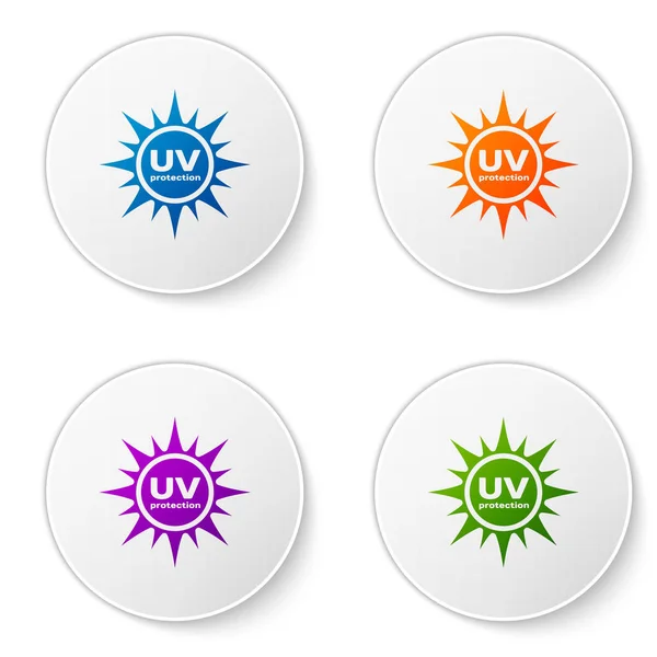 Icona di protezione UV a colori isolata su sfondo bianco. Radiazioni ultraviolette. Segno solare SPF. Imposta l'icona a colori nei pulsanti del cerchio. Illustrazione vettoriale — Vettoriale Stock