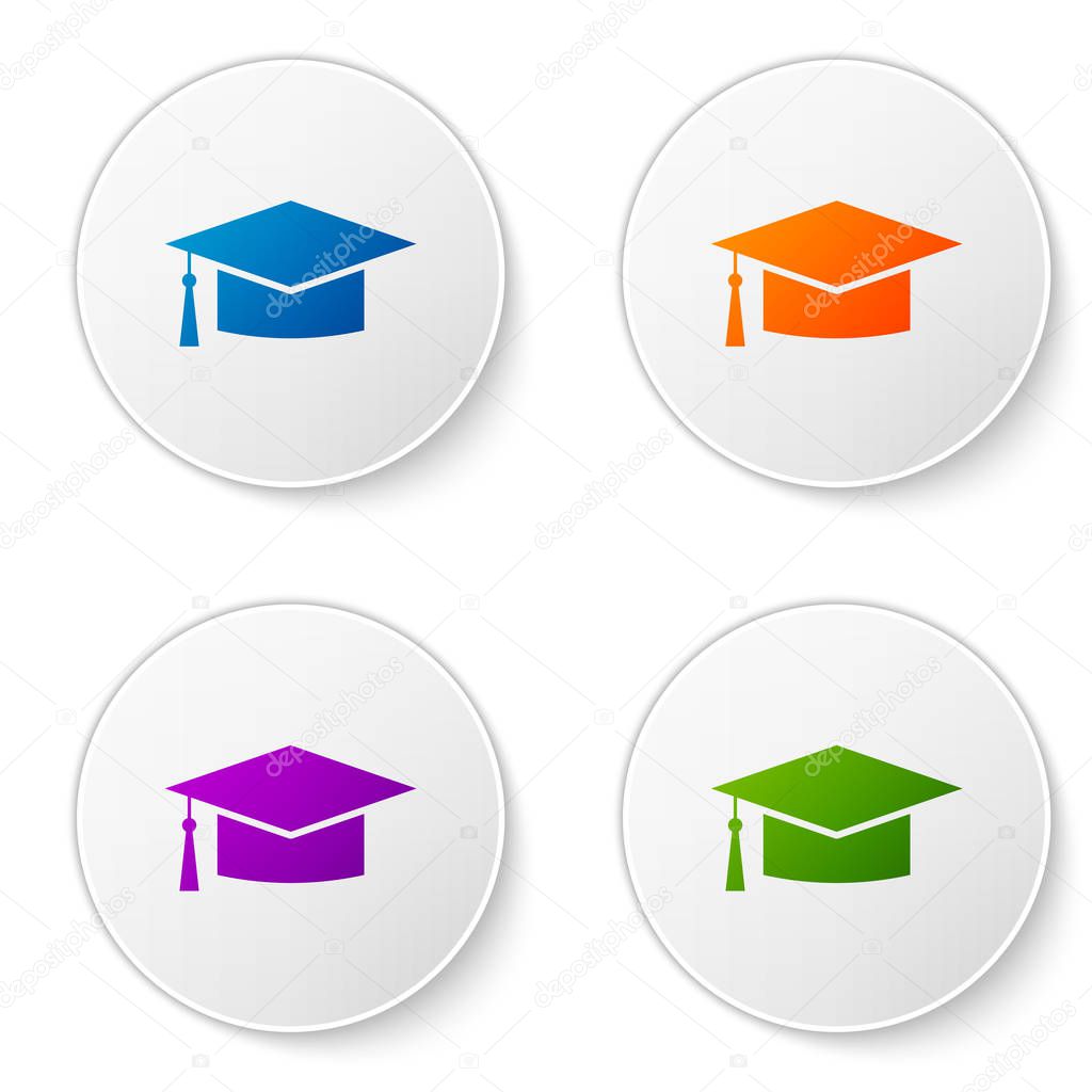 Color Graduation cap icon isolated on white background. Graduation hat with tassel icon. Set color icon in circle buttons. Vector Illustration