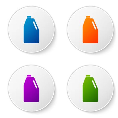 Ev kimyasalları izole boş plastik şişe simge beyaz arka plan üzerinde renkli. Sıvı deterjan veya sabun, Leke çıkarıcı, Çamaşırhane çamaşır suyu. Renk simgesi daire düğmeleri ayarlayın. Vektör çizim