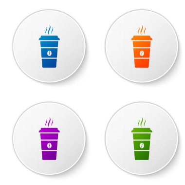 Beyaz arka plan üzerinde izole renkli kahve fincanı simge. Tek kullanımlık kahve fincanı sıcak kahve ile. Renk simgesi daire düğmeleri ayarlayın. Vektör çizim