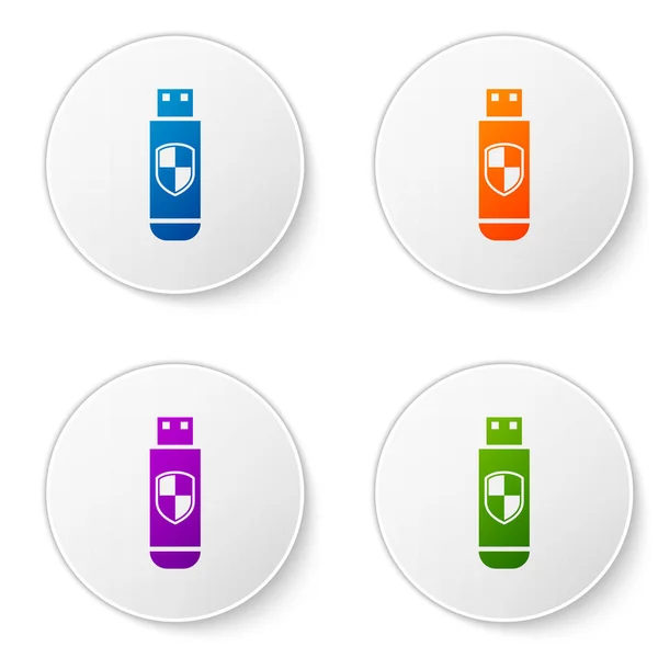 Unidad flash USB a color e icono de escudo de protección aislados sobre fondo blanco. Establecer el icono de color en botones de círculo. Ilustración vectorial — Vector de stock