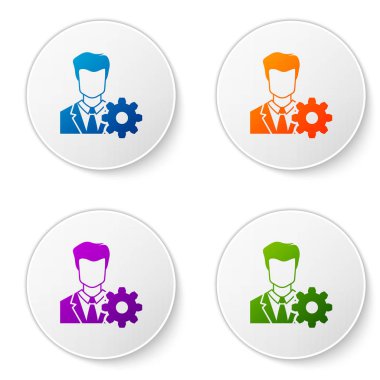 Renk profili ayarları simgesi beyaz arka plan üzerinde. Kullanıcı ayarı simgesi. Profil Avatar karikatür işareti ile. Hesap simgesi. Erkek kişi siluet. Renk simgesi daire düğmeleri ayarlayın. Vektör çizim