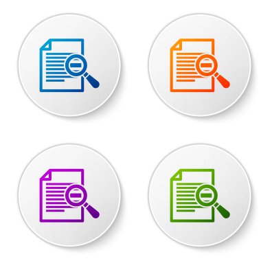 Renkli belge beyaz arka plan üzerinde izole arama simgesi ile. Dosya ve Büyüteç simgesi. Analytics işareti araştırma. Renk simgesi daire düğmeleri ayarlayın. Vektör çizim