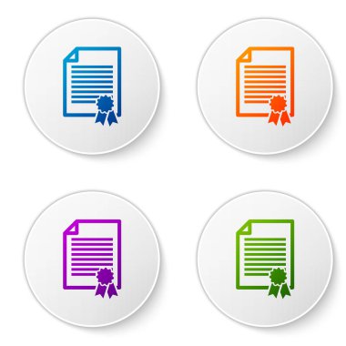 Sertifika şablon simgesi beyaz arka plan üzerinde izole renk. Derecesi simgesi. Başarı, ödül, grant, diploma kavramları. İş başarı sertifikası. Renk simgesi daire düğmeleri. Vektör çizim