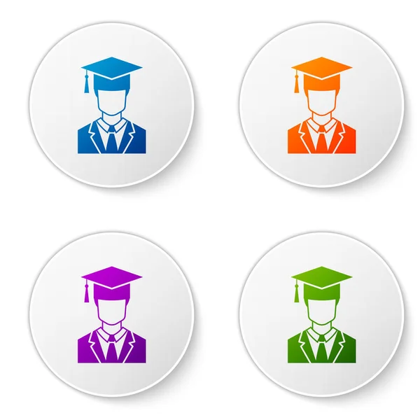 Color Male graduate student profile with gown and graduation cap icon isolated on white background. Set color icon in circle buttons. Vector Illustration — Stock Vector