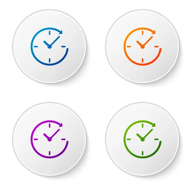 Reloj de color con icono de flecha aislado sobre fondo blanco. Símbolo de tiempo. Flecha del icono de rotación en sentido horario y tiempo. Establecer el icono de color en botones de círculo. Ilustración vectorial — Vector de stock