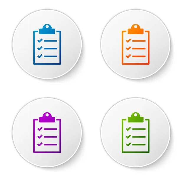 Portapapeles de color con icono de lista de verificación aislado sobre fondo blanco. Establecer el icono de color en botones de círculo. Ilustración vectorial — Vector de stock