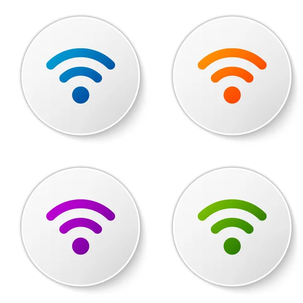 在白色背景上隔离的彩色 wi-fi 无线互联网网络符号图标。在圆形按钮中设置颜色图标。矢量插图 — 图库矢量图片