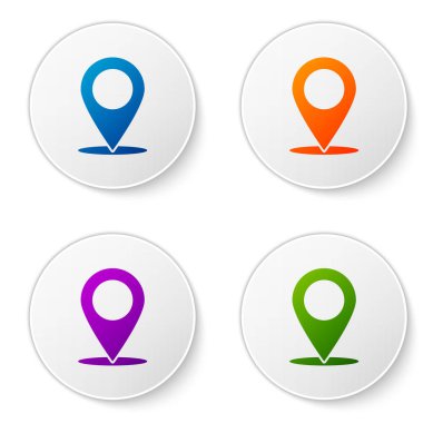 Renk eşlemi PIN simgesini beyaz arka plan üzerinde izole. İşaretçi simgesi. Yer işareti. Navigasyon haritası, gps, yön, yer, Pusula, arama kavramı. Renk simgesi daire düğmeleri ayarlayın. Vektör çizim