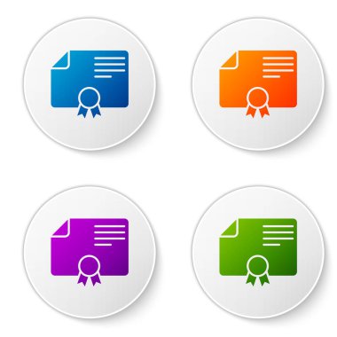 Sertifika şablon simgesi beyaz arka plan üzerinde izole renk. Derecesi simgesi. Başarı, ödül, grant, diploma kavramları. İş başarı sertifikası. Renk simgesi daire düğmeleri. Vektör çizim