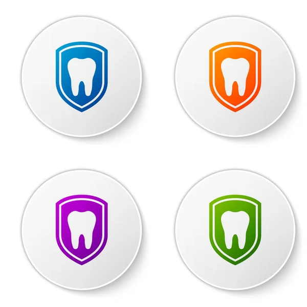 Color Dental protection icon isolated on white background. Tooth on shield logo icon. Set color icon in circle buttons. Vector Illustration — Stock Vector