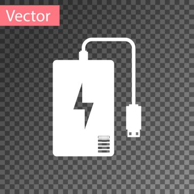 Şeffaf arka plan üzerinde izole farklı şarj kablosu simgesi olan beyaz güç banka. Taşınabilir şarj cihazı. Vektör çizim
