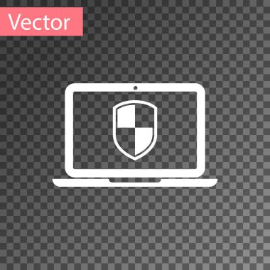 Beyaz dizüstü kalkan simgesi simgesi üzerinde şeffaf arka plan izole korunuyor. Internet güvenlik kavramı. PC güvenlik, güvenlik duvarı teknolojisi, gizlilik Emanet. Vektör çizim