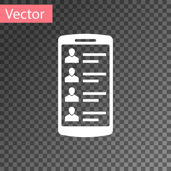 Белый смартфон с контактами на иконке экрана изолирован на прозрачном фоне. Входящий звонок. Люди на экране телефона. Контакт. Векторная миграция — стоковый вектор