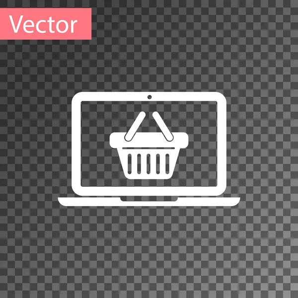 スクリーン ラップトップのアイコンが透明な背景に分離された白のショッピング バスケット。コンセプト e-コマース、e-ビジネス、オンライン ビジネスのマーケティング。ベクトル図 — ストックベクタ