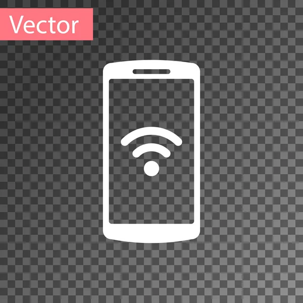 Smartphone branco com ícone de conexão sem fio wi-fi gratuito em fundo transparente. Tecnologia sem fio, conexão wi-fi, rede sem fio, conceitos de hotspot. Ilustração vetorial — Vetor de Stock