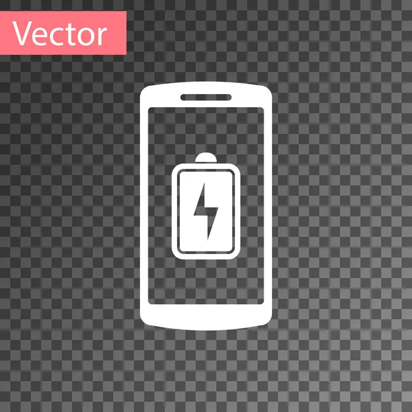 Icono de carga de batería Smartphone blanco aislado sobre fondo transparente. Teléfono con una carga de batería baja. Ilustración vectorial — Vector de stock