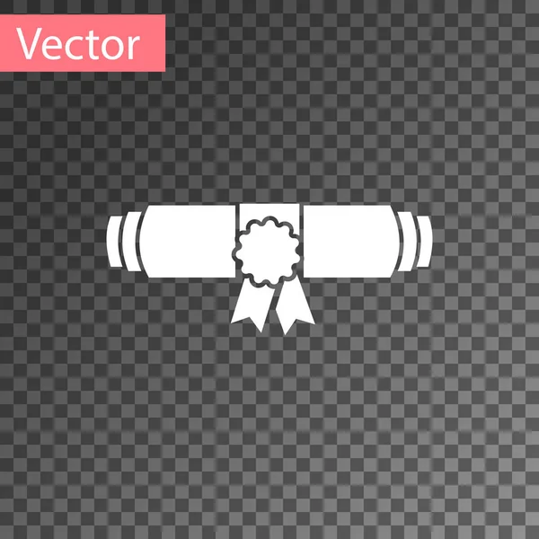 Weiße Diplom-Rollenrolle mit Stempel und Band-Symbol isoliert auf transparentem Hintergrund. Papierrolle mit Wachssiegel. Abschluss-Konzept. Wirtschaftszeugnis. Vektorillustration — Stockvektor