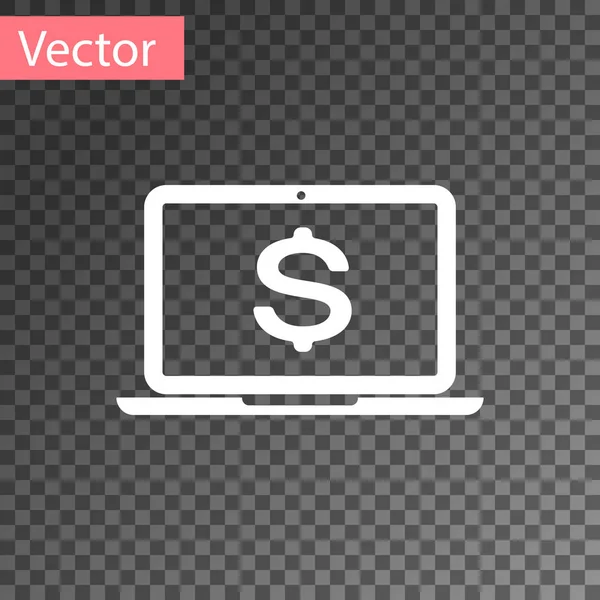 Laptop blanco con icono de símbolo de dólar aislado sobre fondo transparente. Concepto de compras online. Concepto económico. Ilustración vectorial — Vector de stock