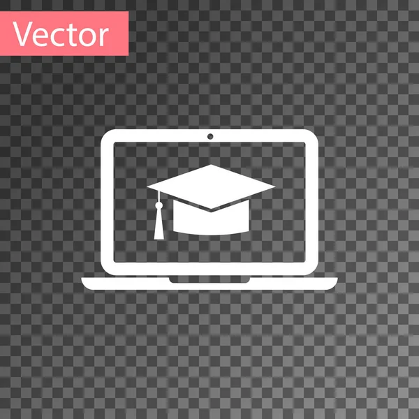 Tapa de graduación blanca en el icono de la computadora portátil de pantalla aislada en fondo transparente. Concepto de aprendizaje en línea o aprendizaje electrónico. Ilustración vectorial — Vector de stock