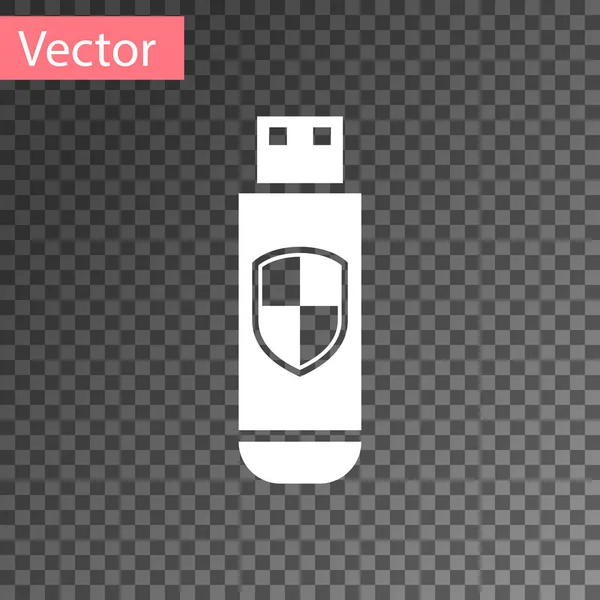 Weiße USB-Stick und Schutzschild-Symbol isoliert auf transparentem Hintergrund. Vektorillustration — Stockvektor