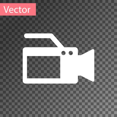 Beyaz sinema kamera simgesi üzerinde şeffaf arka plan izole. Video kamera. Film iz yok. Film projektör. Vektör çizim