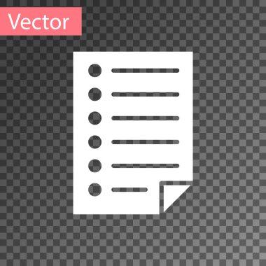 Beyaz Belge simgesinin üzerinde şeffaf arka plan izole. Dosya simgesi. Denetim listesi simgesi. İş kavramı. Vektör çizim