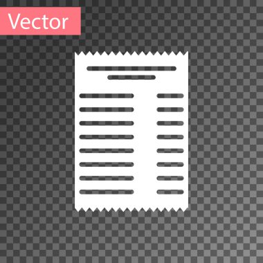 Beyaz kağıt kontrolü ve mali kontrol simgesi şeffaf bir arkaplanda izole edildi. Kağıt baskı çeki, makbuz ya da fatura. Vektör İllüstrasyonu