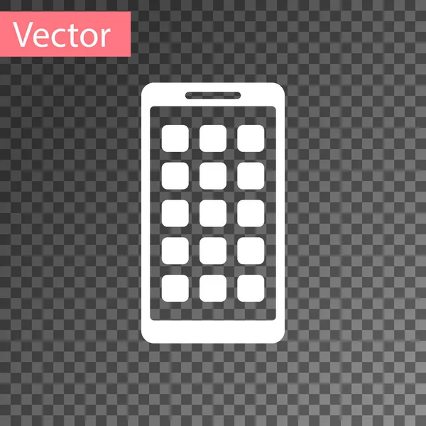 Weißes Symbol für mobile Apps isoliert auf transparentem Hintergrund. Smartphone mit Bildschirmsymbolen, Anwendungen. Handy mit Bildschirm. Vektorillustration — Stockvektor
